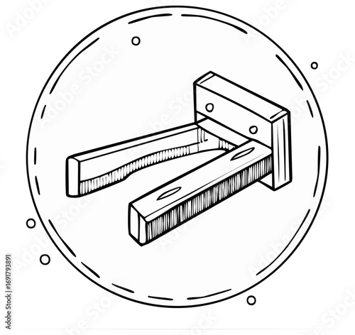 Black and white illustration of a wooden structure inside a circle frame.