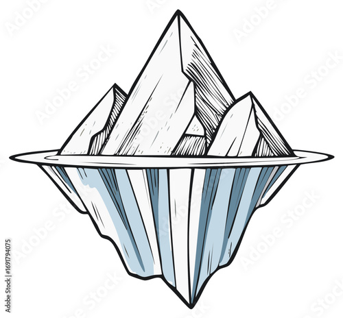 Iceberg illustration, geometric floating ice mountain drawing on white