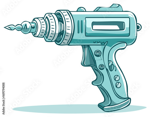 Stylized illustration of a blue cartoon drill machine, futuristic tool.
