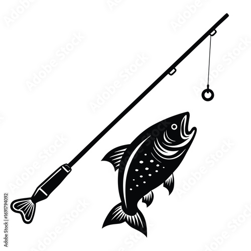 Black Silhouette Fishing Rod With Jumping Fish On White Background vector illustration