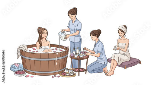 Spa Day Bliss: Immerse yourself in tranquility as a diverse group indulges in a luxurious spa experience, with treatments for ultimate relaxation and revitalization.