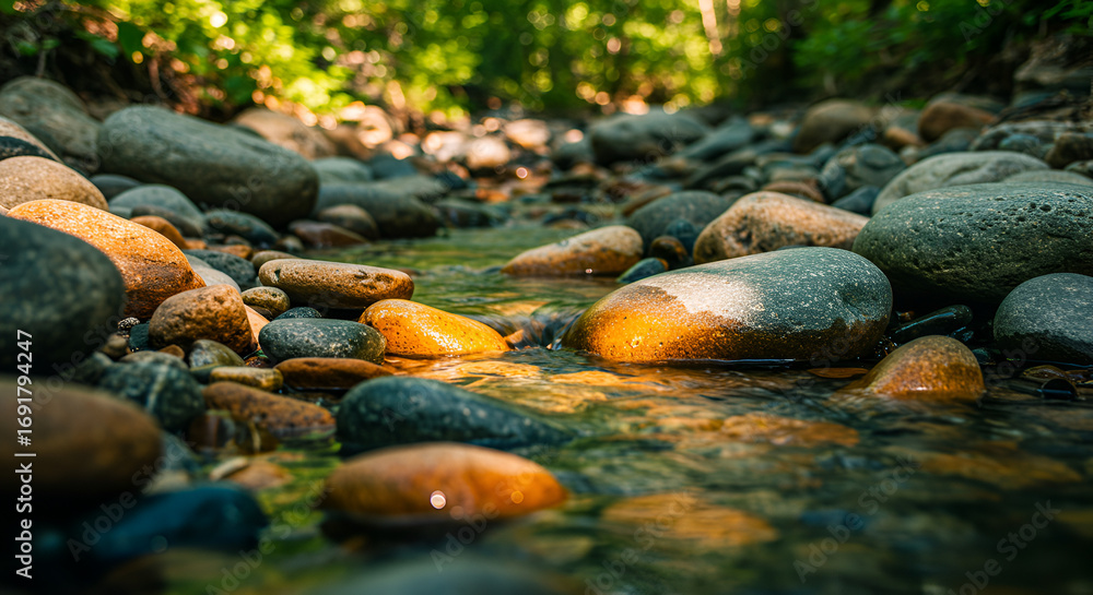 Fototapeta premium Sunlit stream flowing over smooth rocks, creating a peaceful nature scene