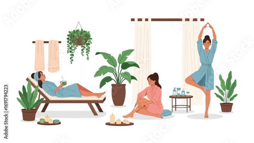 Diverse group of young adults engaged in self care routines applying skincare products and styling hair in a bright modern home interior setting