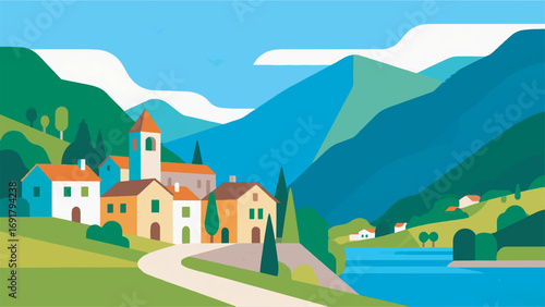 illustration landscape of the village Limone Piemonte vector design template