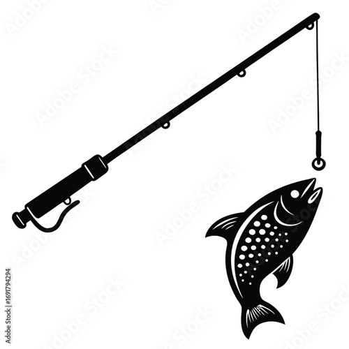 Black Silhouette Fishing Rod With Spotted Fish Jumping On White Background vector illustration