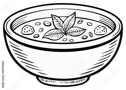 Hand drawn illustration of a bowl of soup with beans and fresh basil leaves
