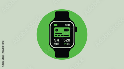 A black smartwatch with a green screen displaying a credit card icon and various numbers on a green circle