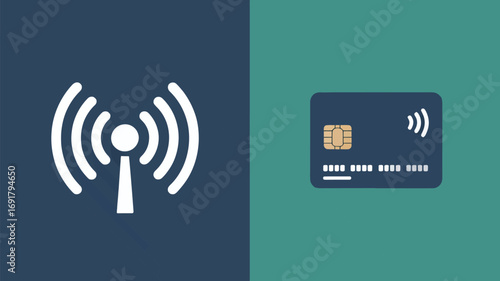 A digital illustration showing a wifi symbol and a credit card on a split colored background design
