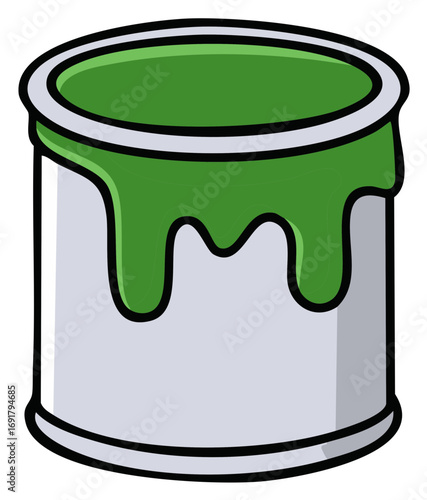 Open paint can filled with green paint with drips running down the sides of the metal container cartoon style