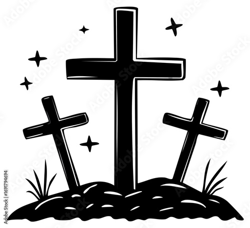 Three crosses standing on a hill with stars and grass illustration