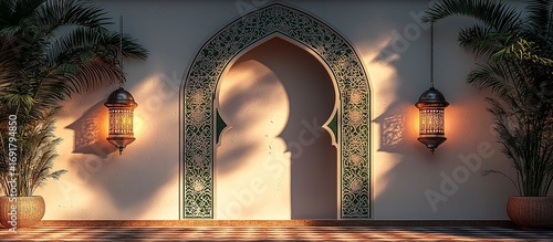 An elegant arched doorway with lanterns and potted plants creates ambiance