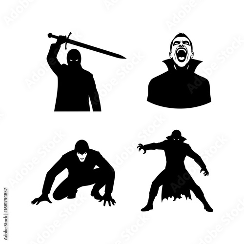 Silhouetted figures depicting vampires and a swordsman in a stylized graphic composition art piece