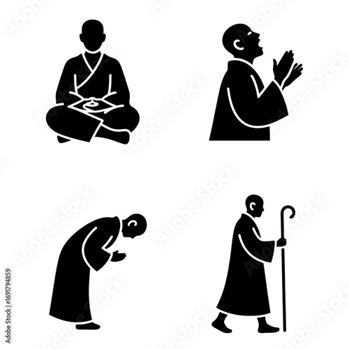 Four monks in various poses sitting meditating praying bowing and walking with a cane in black silhouette