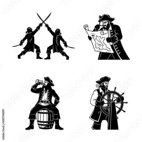 Four pirate scenes depicting sword fighting map reading drinking and steering in black and white illustration