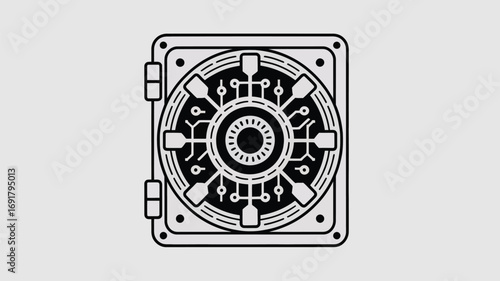 A black and white illustration of a square safe with a circular, circuit-like design inside it