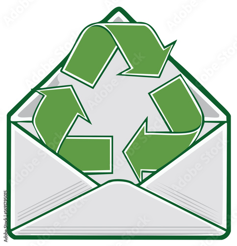 Green recycling symbol in an open mail envelope representing sustainable communication and paper waste reduction