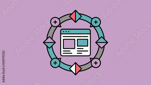 Illustration of a website icon surrounded by a circular design with plus signs and diamond shapes on purple