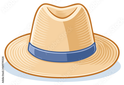 Classic Straw Hat with Blue Band Illustration for Summer Fashion Accessory Design