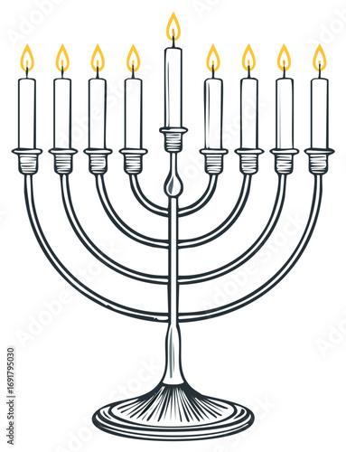 Illustration of a Menorah with eight lit candles and one helper candle