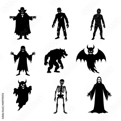 Collection of halloween monsters including a vampire zombie mummy werewolf ghost skeleton and more in black