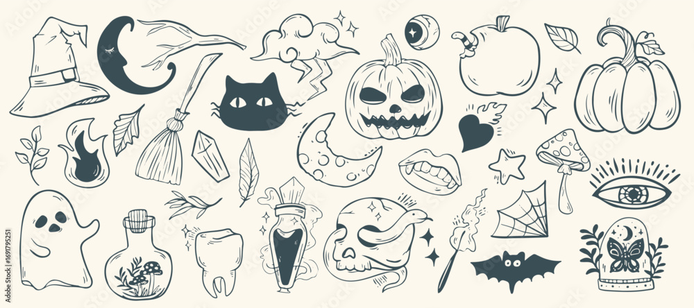 Obraz premium Spooky Line Art Halloween Doodle. Halloween clipart featuring pumpkins, skull, ghost, moon, cat, and witchy elements. Great for greeting cards, party invitations, prints, and digital artwork.