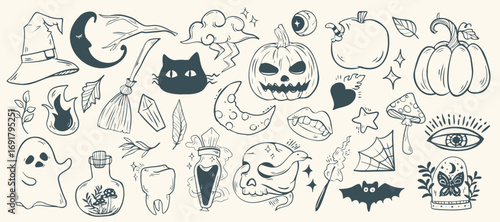 Spooky Line Art Halloween Doodle. Halloween clipart featuring pumpkins, skull, ghost, moon, cat, and witchy elements. Great for greeting cards, party invitations, prints, and digital artwork.