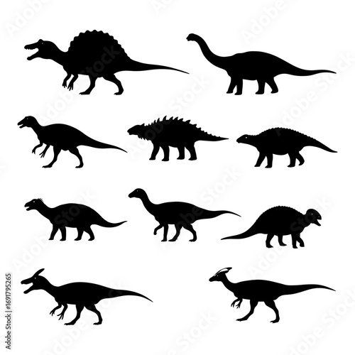 Silhouette illustration showing a variety of dinosaur species in different poses on a white background