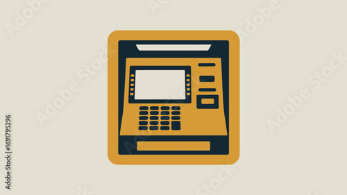 A stylized illustration of an atm machine with a screen keypad and card slot against a light background