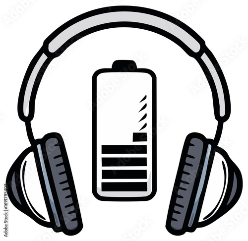 Headphones resting next to a battery symbol indicating low power, vector illustration, energy consumption, device