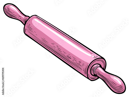 Pink Wood Rolling Pin Illustration Hand Drawn Style Kitchen Utensil Food Preparation Tool