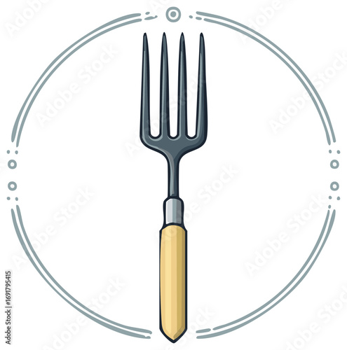 Illustration of a garden hand fork with a wooden handle in a decorative circular frame