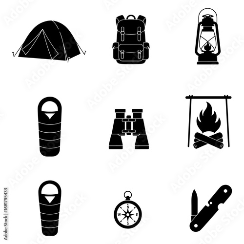 Illustration showcasing camping gear including a tent backpack lantern and other outdoor equipment items