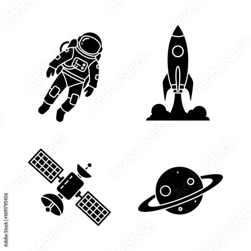 Illustration depicting an astronaut, rocket launching, satellite, and a ringed planet in black silhouette