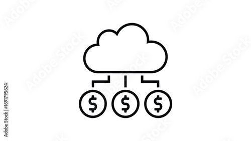 A simple black and white line drawing of a cloud connected to three dollar signs in circles below it