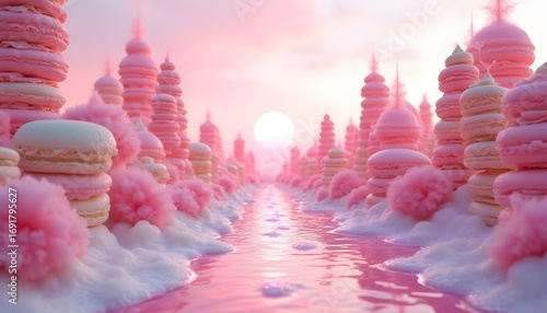 Surreal pastel landscape of a city made of stacked macarons and frosted cakes, with rivers of melted sherbet flowing through the streets during a cotton candy sunset.