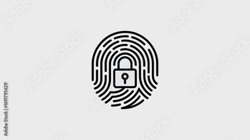 A stylized fingerprint with a padlock in the center on a light gray background in a simple design