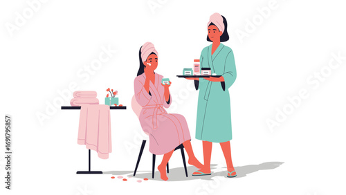 Diverse group of women enjoying a relaxing spa day at home applying skincare products and pampering themselves with beauty treatments and self care