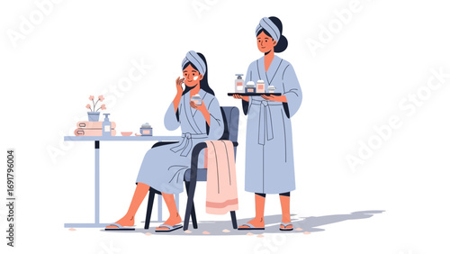 A woman in a pink spa robe and towel enjoys a refreshing drink served by another woman in a teal robe at a beauty salon or home spa