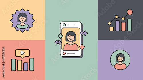 A colorful illustration depicting social media icons including profile, phone, likes, and chart data