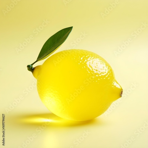 Realistic glass single lemon in clear yellow crystal with intricate rind texture and a vibrant green leaf. 