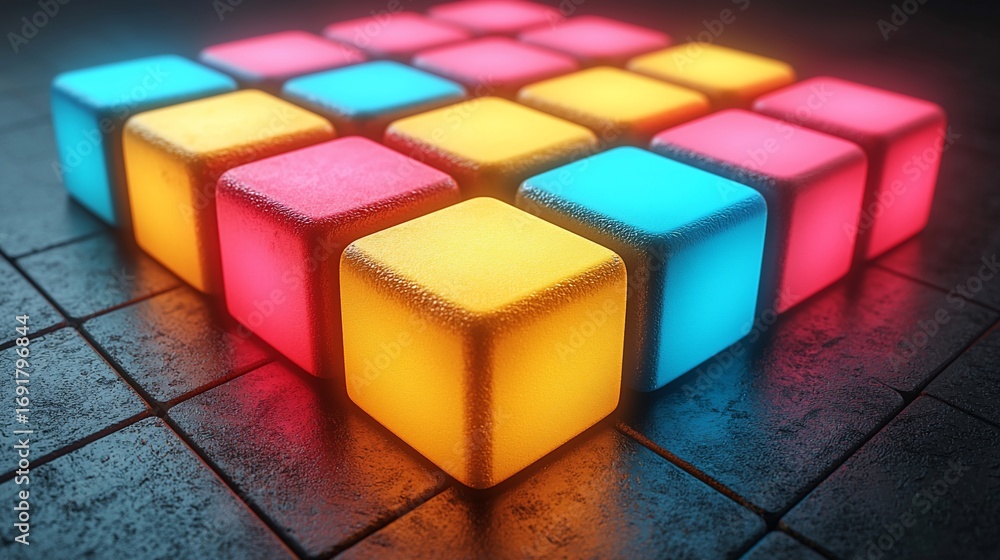 Obraz premium Neon cubes grid on dark stone floor
