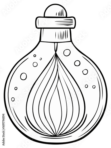 Hand drawn bottle with stopper and internal glowing symbol, line art illustration