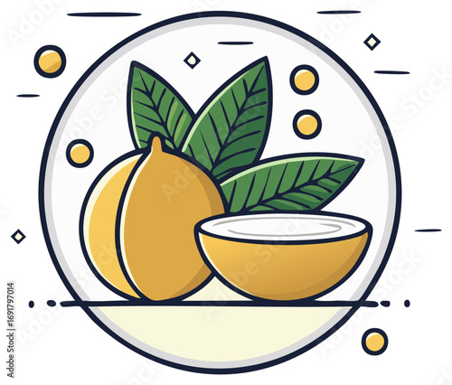 Fresh Coconut with Green Leaves and a Half Coconut in Bowl Icon Illustration