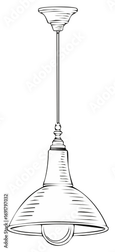 Pendant lamp sketch in vintage style with dome shade and elegant details, vector illustration
