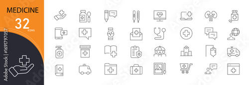 Medicine icons set with pill, capsule, syringe, bottle, prescription, hospital, vaccine, treatment, health, and doctor symbols. Outline style, useful for healthcare and pharmacy projects.