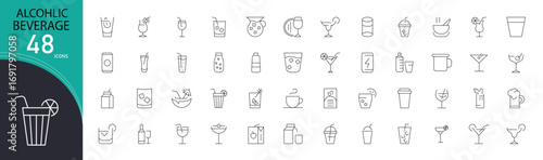 Alcoholic beverage icons set with wine, beer, cocktail, bottle, glass, whiskey, champagne, rum, bar, and toast symbols. Outline style, suitable for restaurant, pub, and drink projects.