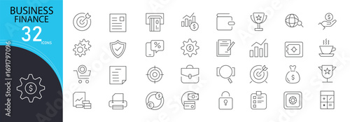 Business finance icons set with money, profit, banking, tax, savings, investment, credit, transaction, payment, and currency symbols. Outline style, suitable for financial and corporate projects.