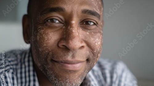 Close-up portrait of a mature man with vitiligo, smiling confidently. 