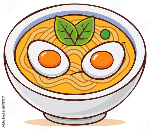 Cheerful Asian noodle soup ramen bowl with soft boiled eggs and herbs