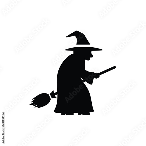 Black silhouette witch flying broomstick vector